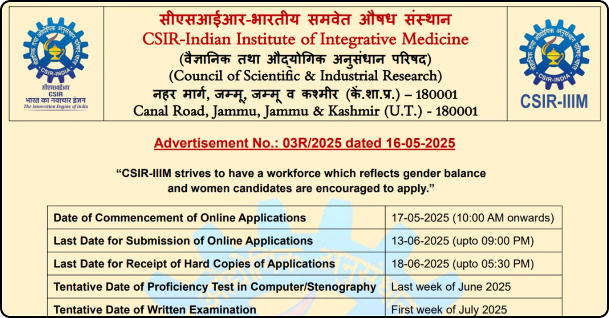 CSIR IIIM Recruitment 2025 Notification Out – Apply Now for JSA and JST Posts